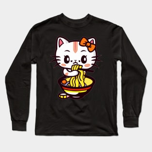 Cute cat eating ramen Long Sleeve T-Shirt